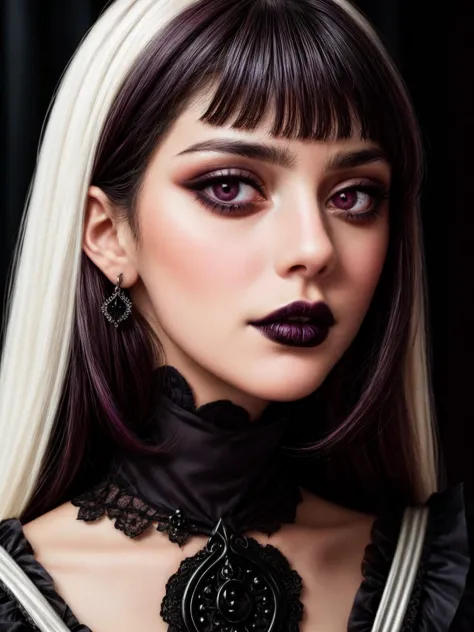 worst quality,  portrait of a woman in a gothic-inspired ensemble with dark hues and intricate accessories <lora:BDOneStyle:0.85...