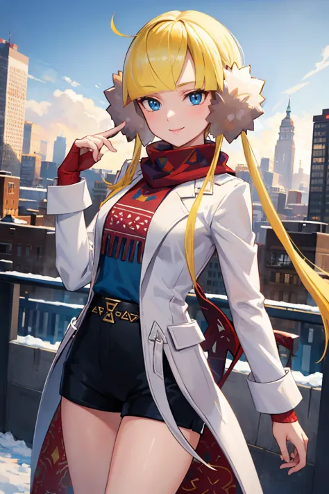 masterpiece, best quality, <lora:elesa-nvwls-v1-000010:0.9> palElesa, blonde hair, earmuffs, twintails, red scarf, white coat, b...