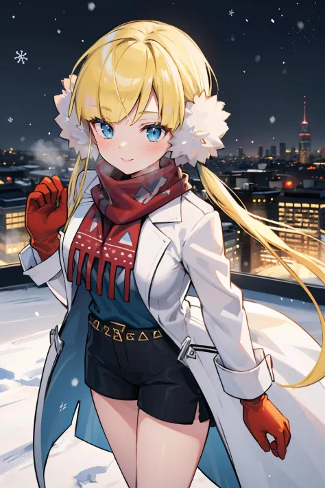 masterpiece, best quality, palElesa, blonde hair, earmuffs, twintails, red scarf, white coat, blue shirt, black shorts, cowboy shot, looking at viewer, winter, cityscape, snow, from above, smile, mittens