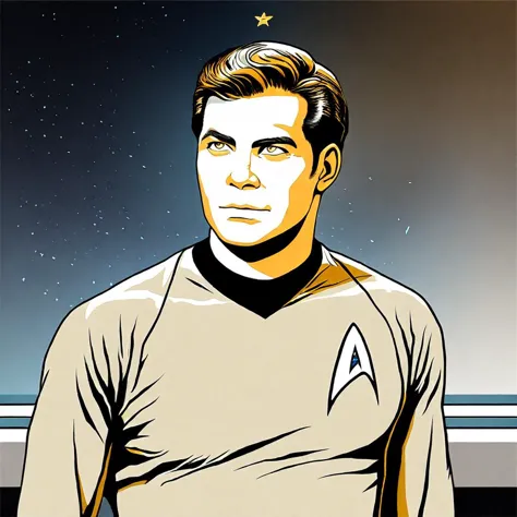 breathtaking <lora:captain_kirk_10_x114:1> captain_kirk,( yellow star trek original series starfleet uniform:1.6), (first enterp...