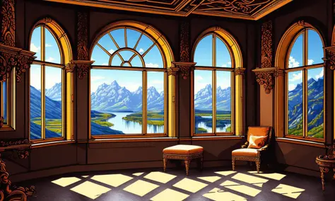 ((Realism))), ((Realistic)), Depth of Field, Ornate, Ominous, Intricate Details, Intricate, Cinematic, Volumetric Lighting (Indoors:1.10), Renaissance Architecture, Noblesse, Windows, Windowsill, Baroque, Hallway,(Mountains, Clounds and Medieval Village Near River Visible Through Windows), vector-art, detailed realistic professional art masterpiece