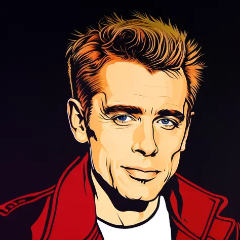 highly detailed, beautiful (caricature) portrait of james dean, cinematic lighting, dramatic lighting, illustration by vector_art, oil painting, acrylic painting, CGSociety, ArtStation, (Hyperrealism), (Photorealism), art by Greg Rutkowski and frank frazetta, artstation, painting with (Vivid color:1.5), high contrast, hyper realism, detailed photorealistic portrait photograph, white background, ((detailed line art)), hand drawn digital painting, andy warhol art style