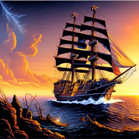 ((galleon flying), levitating) above the ground, from the setting sun, the avenue is illuminated by widths and the ship floats lightly with full winds above ground, vector-art, detailed realistic professional art masterpiece, nebulae galaxy