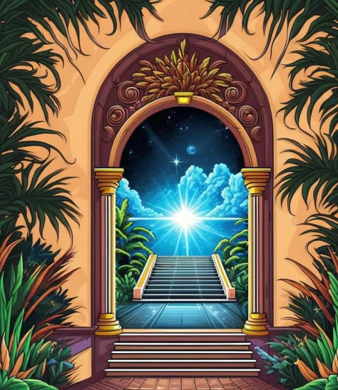 entrance to other_dimension, island, tropical leaves, stairs, intricately decorated portal, mirror,  Baroque style magical porta...