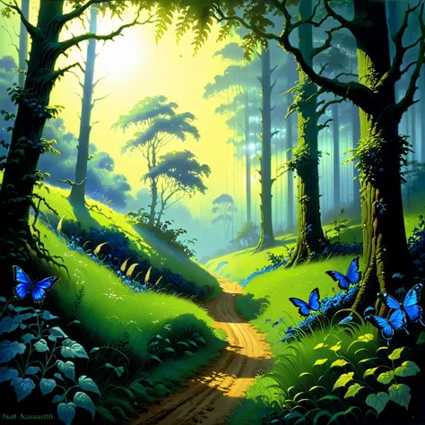 A lush forest, intense vegetation, vines, forest animals, butterflies, a whispering wood, an idyllic sunrise, a light mist and s...