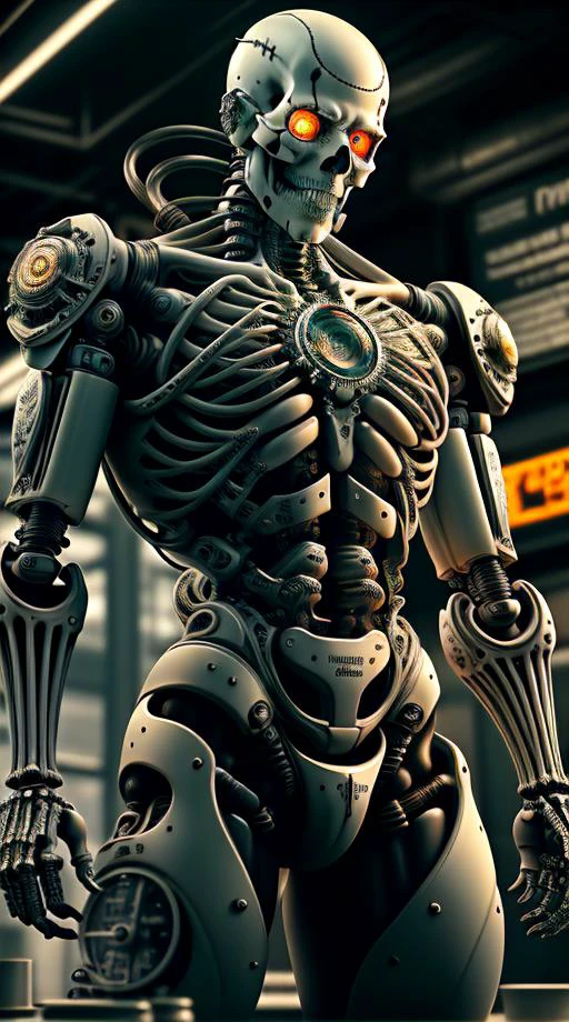 HDR-фотография крутого мужественного мужчины, скелет из стали , насосы и манометры,  похоже на части часов, сложный робот в стиле киберпанк, очень подробный, мягкое боке, искусство Mooncryptowow и научно-популярная тема 