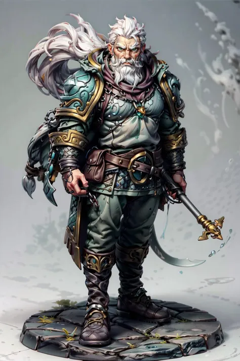 A 35 year old male, white hair, white mustache with a short white beard. strong, ((wearing chainmail)). Stern look, green eyes, ...