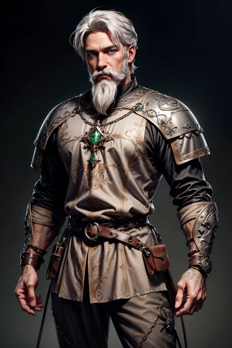 simple background, A 35 year old male, white hair, white mustache with a short white beard. strong, ((grey medieval tunic)), bro...