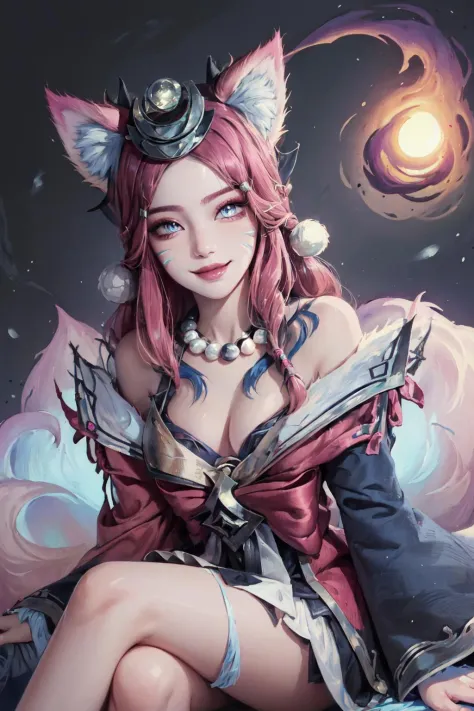 (Masterpiece:1.4), (best quality:1.2), (illustration:1.2), detailed face, <lora:snow_moon_ahri-000019:1>,  snow moon ahri, 1girl, japanese clothes, pink hair, hair ornament, necklace, bare shoulders, fox girl, smile, sitting, crossed legs, upper body, cowb...