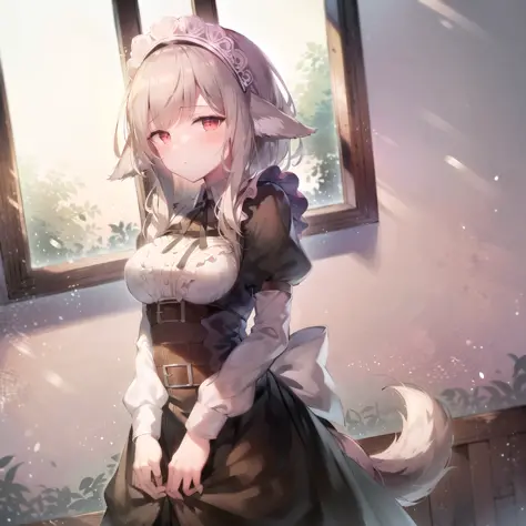 masterpiece, absurdres, best quality, 1girl, <lora:Velouria V5:1> velouria_fates, wolf girl, two-tone hair, multicolored hair, gray hair, black hair, standing, (maid:1.3), dress, wolf tail, single tail, inside a house with a window in the background