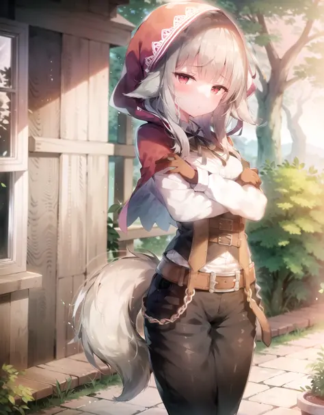 masterpiece, absurdres, best quality, 1girl, <lora:Velouria V5:1> velouria_fates, wolf_girl, red eyes, red hood, two-tone hair, multicolored hair, gray hair, black hair, standing, crossed arms, wolf tail, in front of a house, white shirt with belts, black ...