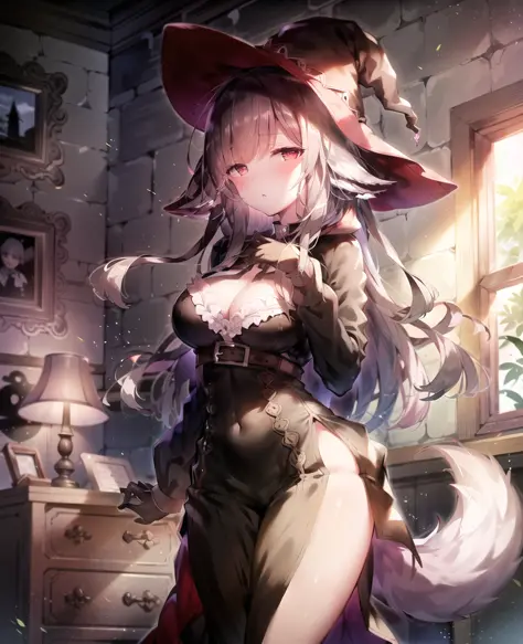 masterpiece, absurdres, best quality, 1girl, <lora:Velouria V5:1> velouria_fates, wolf girl, two-tone hair, multicolored hair, gray hair, black hair, standing, (witch:1.3), (long dress:1.3), (black dress:1.3), cleavage slit dress, black witch hat, wolf tai...