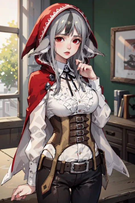 Masterpiece, best quality, absurdres, 1girl, standing, velouria_fates, red eyes, gray hair, multicolored hair, animal ears, red hood, <lora:velouriaV2:1>