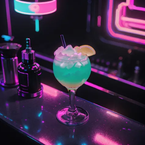 a tasty and colorful cocktail bursting with dark synthwave flavors served at a retrowavetech bar next to miami beach (Food photo...