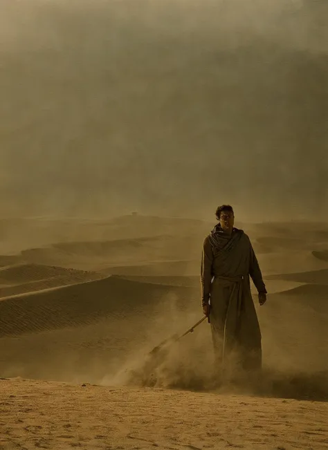 arafed man in a trench coat walking through a desert