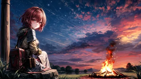 a girl sitting on a rock next to a fire with a sky background