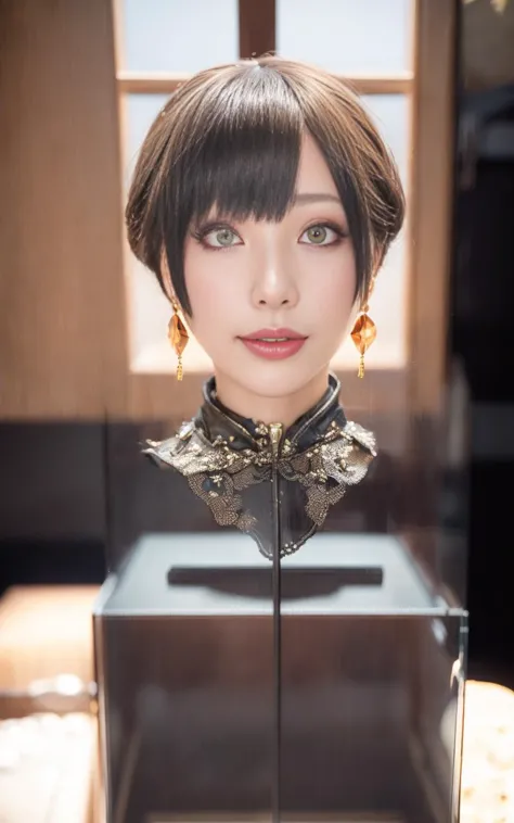 1girl, chinese, (disembodied head:1.7), (head), (((best quality))),(((ultra detailed))),(((masterpiece))),(head in a glass box),...