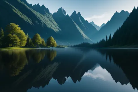 a close up of a lake with trees and mountains in the background