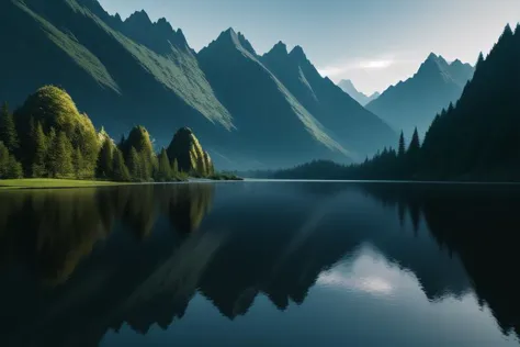 a close up of a lake with mountains in the background