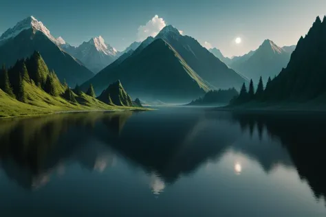 arafed view of a mountain range with a lake and a forest