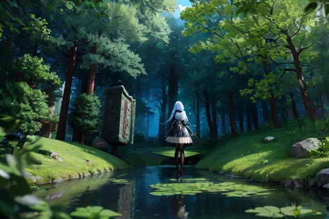 anime girl in white dress walking through a forest with a pond