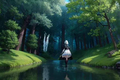 anime girl walking in a river with a sword in her hand