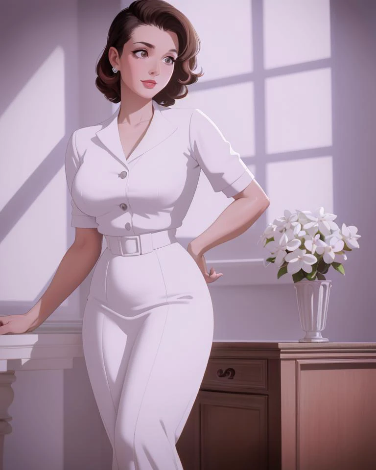 Mujer ficticia, 1 chica, Prdeessional Full body photo, de (Una elegante ama de casa de la década de 1950), (ropa blanca), (posing seductively in Livingroom de 1950s American house), fijar, cuerpo en forma, pechos medianos, manos bonitas, cara perfecta, ojos detallados, (piel detallada, poros de la piel flexible), [pecas], [marcas de belleza], (retrato), (pechos caídos:0.5), iluminación natural, (contraluz:0.6), shallow depth de field, Grano de película de 8 mm, fotografiado con una Leica 10772 MP, lente de 50 mm, f2.8, (muy detallado, detalles intrincados, Bien), 8k, HDR, enfoque profundo, Fotograma cinematográfico de Mad Men, 