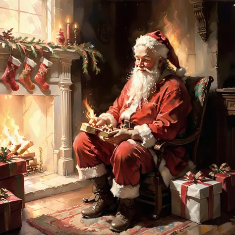 santa claus sitting in a chair with a tray of presents