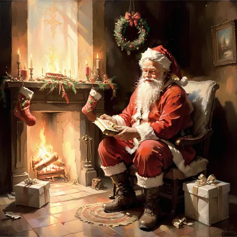 santa claus reading a book in front of a fireplace with presents