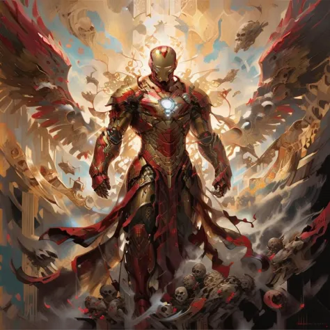 Un Iron Man completamente blindado, representado en una pintura al óleo, adopta la apariencia de un guerrero celestial, flotando sobre una vasta colección de cráneos. Vestido con armadura angelical, que fusiona el diseño de alta tecnología con motivos divinos, irradia una ferocidad, ira santa. El traje, manteniendo la silueta clásica de Iron Man, está adornado con estructuras en forma de alas y símbolos sagrados, brillando con una luz de otro mundo. Su expresión, visible a través de la visera del traje, es de una determinación e ira intensas, un marcado contraste con la inquietante calma de los cráneos de abajo. Esta fusión de heroísmo moderno y simbolismo antiguo crea un sorprendente, imagen poderosa 