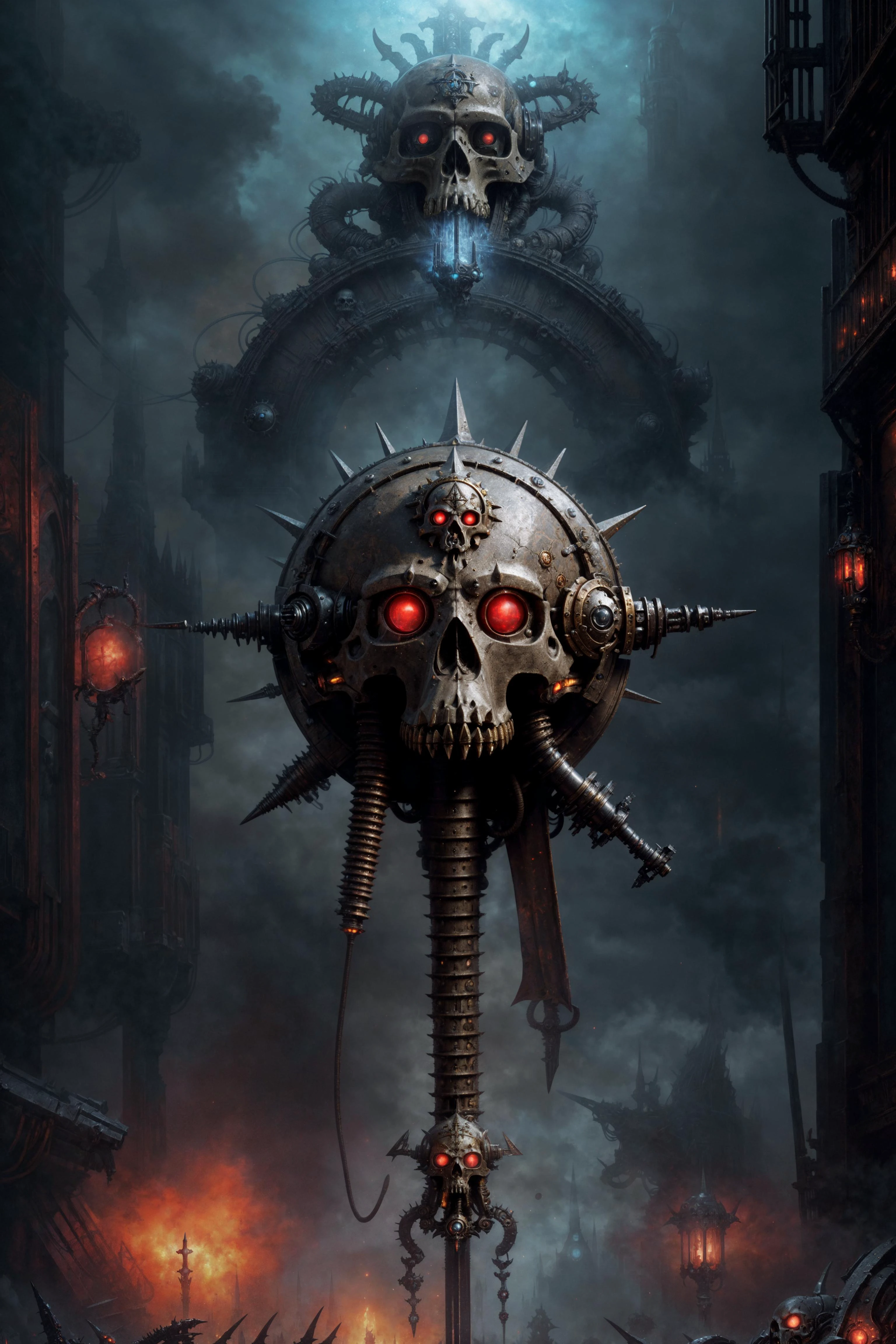 Fantasy Poster, illustration, cover page, book cover art, Scifi Fantasy Art, science fiction, (warhammer 40k, inquisition \(warhammer\):1.3), horror, arcane symbol, embossed, iron, bronze, (gothic, dystopian:1.3), cathedral, church, cityscape, ruins, chaos \(warhammer\), (white skull:1.2), (mechanical spine:1.2), cherub and servitor, (tubes, cables, metal details) red eyes, glowing eye, cthulhu mythos, (by giger, beksinski,:1.3), dark atmosphere, ((dim lighting))
high quality, best quality, masterpiece, absurdres, highres, official art, 80's fantasy art, rule of thirds composition, golden ratio, concept art, oil painting \(medium\),
fantasy,
