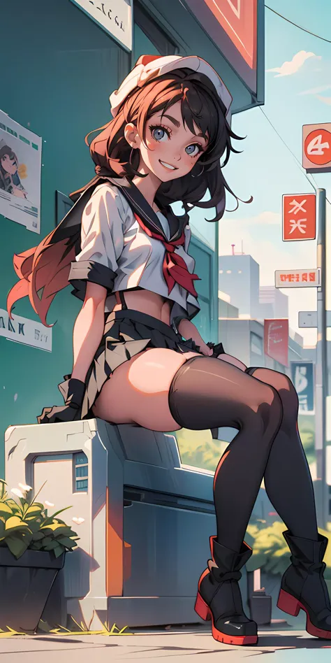 masterpiece, best quality, miranda, hat, serafuku, midriff, suspenders, red neckerchief, pleated skirt, black gloves, black thighhighs, boots, sitting, looking at viewer, smile, hands on lap, city street, sky <lora:miranda-nvwls-v1-000010:0.1>
 <lora:exposepanty-strong:1>