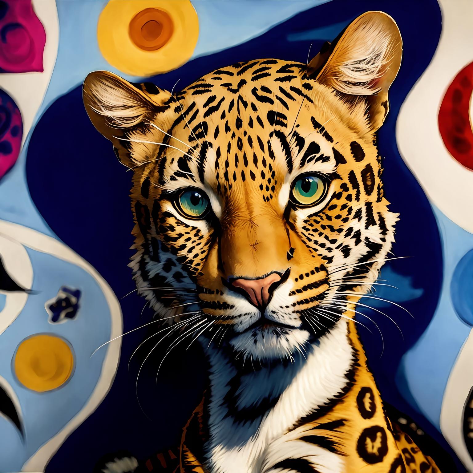 Painting of a leopard with blue eyes and a colorful background - SeaArt AI