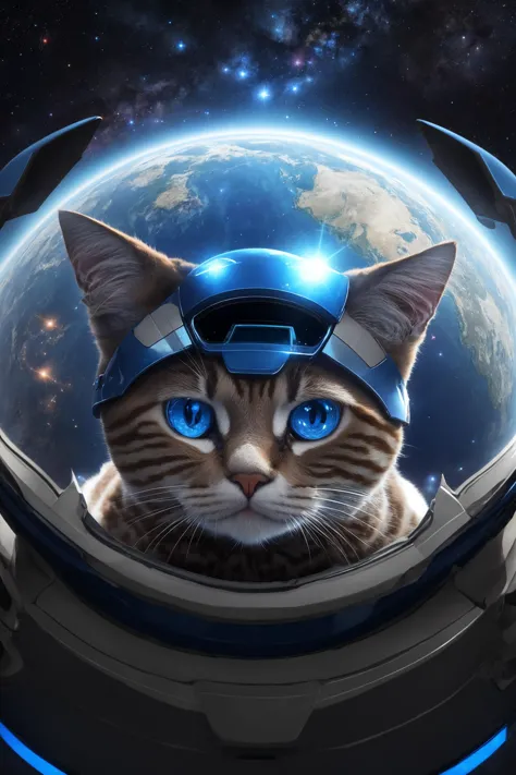 Renderizado CG de una escena delicada, un gato, Carácter completo, Grandes ojos azules,Con traje espacial y casco de astronomía, flotando en el cielo azul por muchos planetas, ojos enfocados, extremadamente detallado, Detalles profundos, Borrar detalles, tiro ultra ancho, mejor calidad, alta resolución,