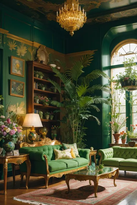 Architectural Digest photo of a maximalist green {vaporwave/steampunk/solarpunk} living room with lots of flowers and plants, go...