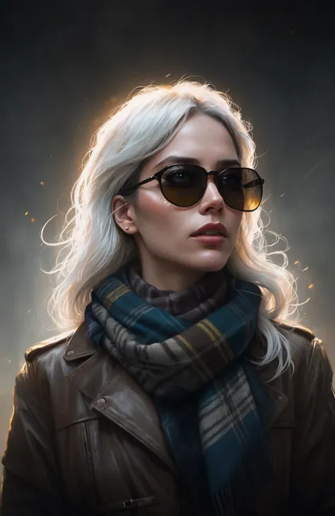 (dark shot:1.1), epic realistic, portrait of halo, sunglasses, blue eyes, tartan scarf, white hair by atey ghailan, by greg rutk...