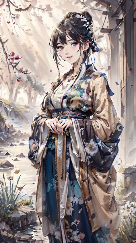 a painting of a woman in a kimono outfit standing in a garden