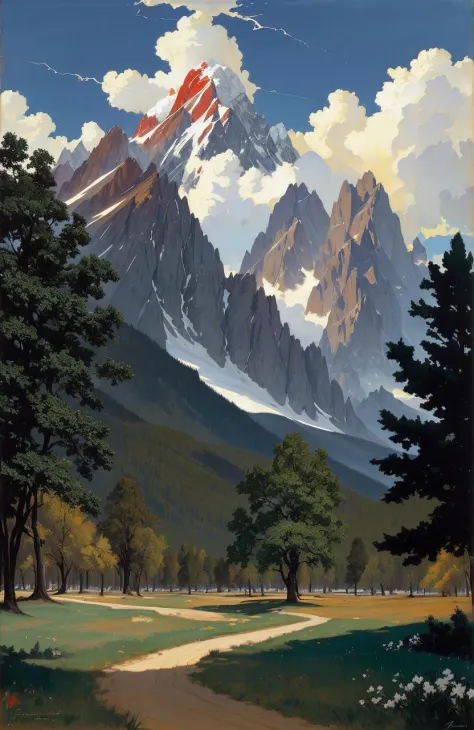 painting by sargent and rhads and leyendecker and greg hildebrandt evening sky, low thunder clouds foothpath with trees at indian summer with zugspitze fitz roy in background, colours green, red, blue black and white, acuarela