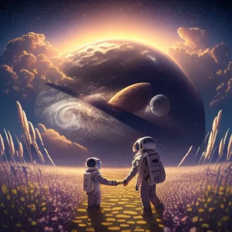 two astronauts walking in a field of flowers with a planet in the background