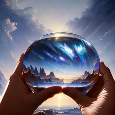 someone holding a crystal ball with a mountain in the background