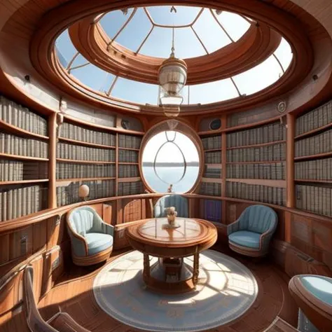 a view of a library with a round table and chairs