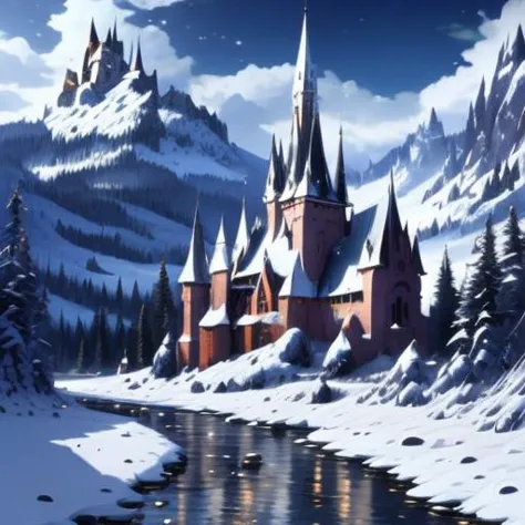 a close up of a castle in the snow with a mountain in the background