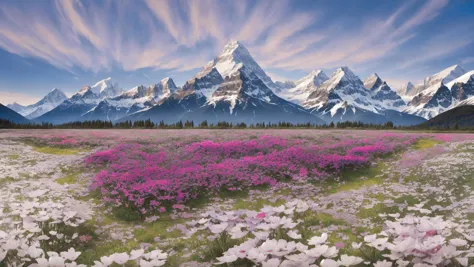 mountains with snow capped peaks and pink flowers in a field