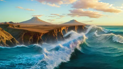 arafed view of a large wave breaking over a rocky cliff