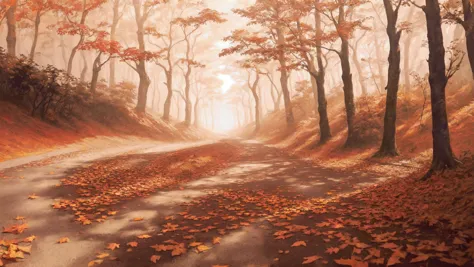 painting of a road in the woods with leaves on the ground