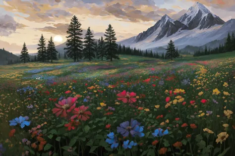 painting of a mountain landscape with a meadow of flowers and trees