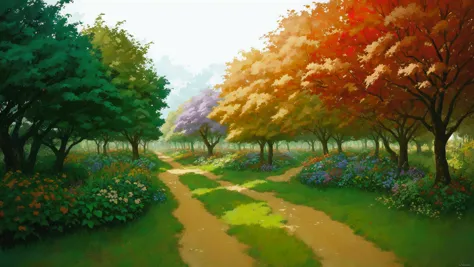 a painting of a path through a park with trees and flowers