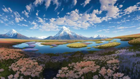 painting of a mountain landscape with a lake and flowers