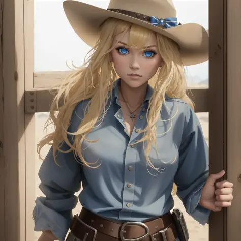 masterpiece, best quality, one extremely beautiful female, wild_west, blonde_hair, outlaw, cowgirl, town, 1girl, {{{solo}}}, blu...