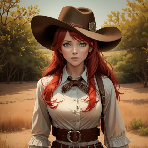 best quality, masterpiece, wallpaper, one cowgirl from the wild west, solo, red_hair, green_eyes, detailed, face_focus, dawn, outdoors,